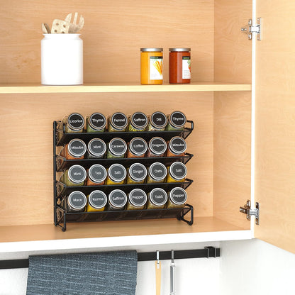 Spice Rack Organizer with 32 Spice Jars, 386 Spice Labels, Chalk Marker and Funnel Set for Cabinet, Countertop, Pantry, Cupboard or Door & Wall Mount - 32 Jars, 15.3" W × 10.8" H, Black