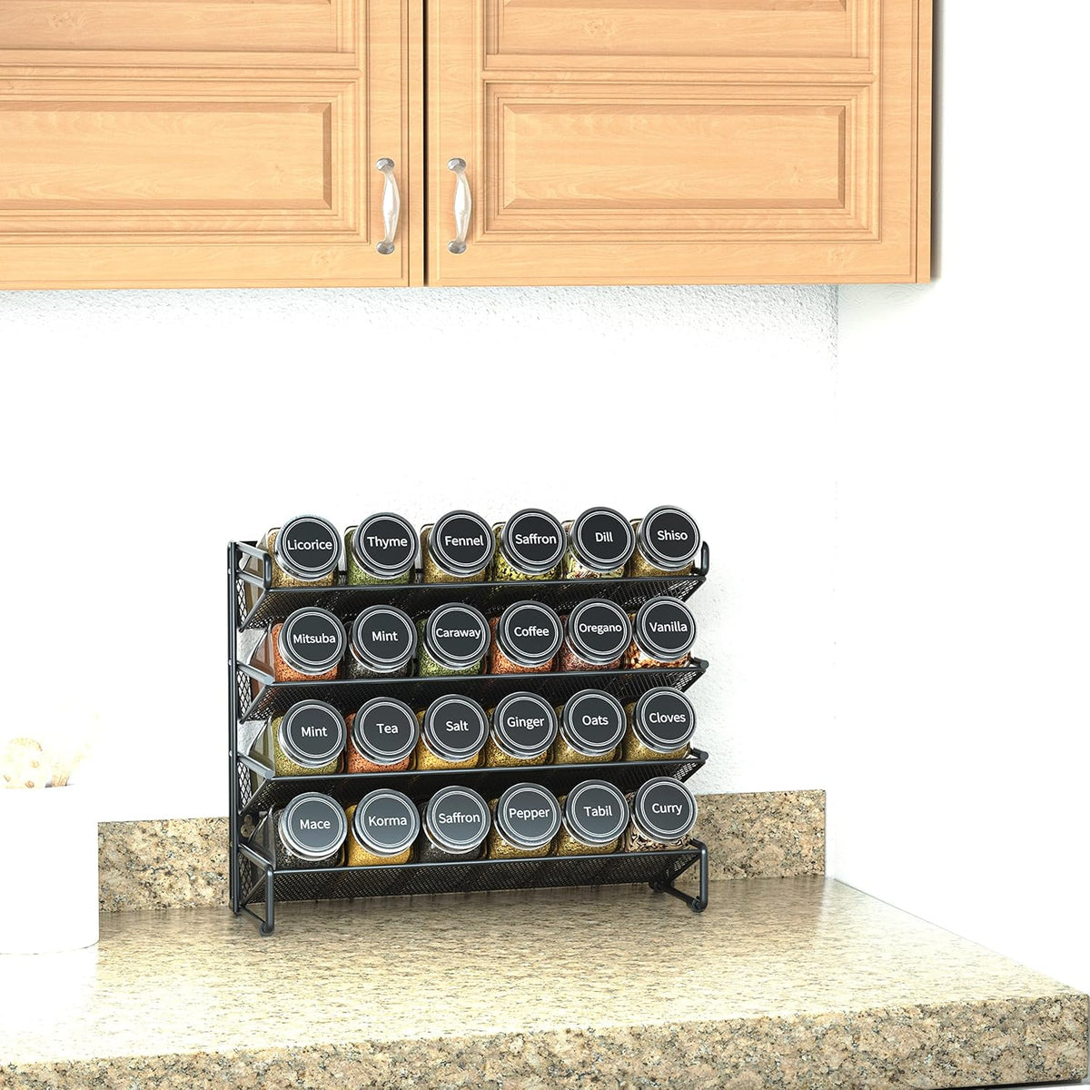 Spice Rack Organizer with 32 Spice Jars, 386 Spice Labels, Chalk Marker and Funnel Set for Cabinet, Countertop, Pantry, Cupboard or Door & Wall Mount - 32 Jars, 15.3" W × 10.8" H, Black