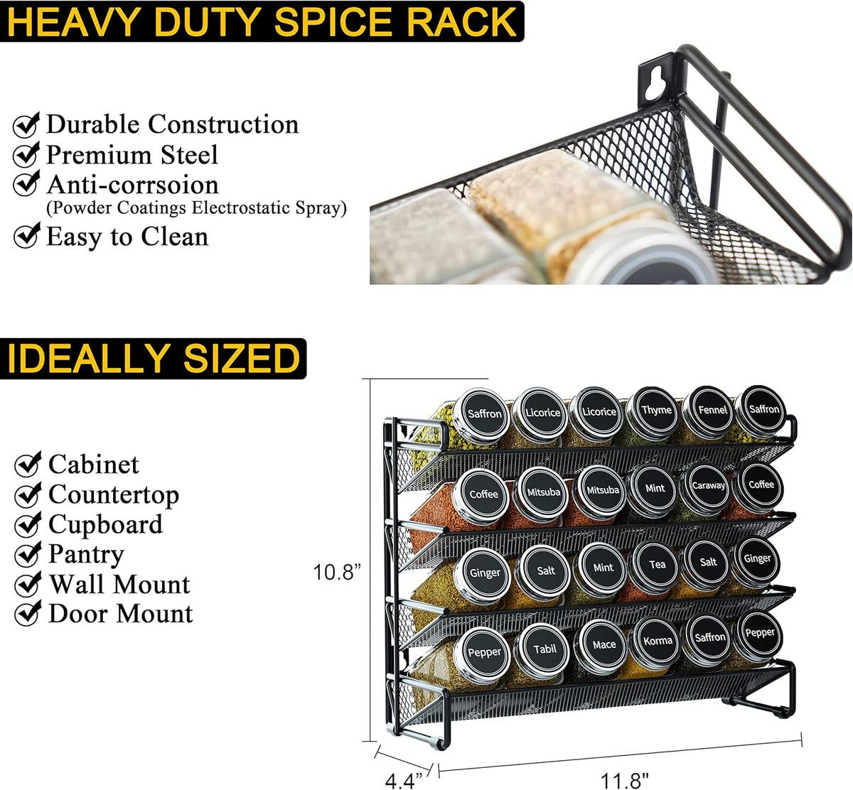 Spice Rack Organizer with 32 Spice Jars, 386 Spice Labels, Chalk Marker and Funnel Set for Cabinet, Countertop, Pantry, Cupboard or Door & Wall Mount - 32 Jars, 15.3" W × 10.8" H, Black