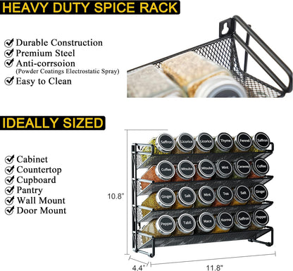 Spice Rack Organizer with 32 Spice Jars, 386 Spice Labels, Chalk Marker and Funnel Set for Cabinet, Countertop, Pantry, Cupboard or Door & Wall Mount - 32 Jars, 15.3" W × 10.8" H, Black