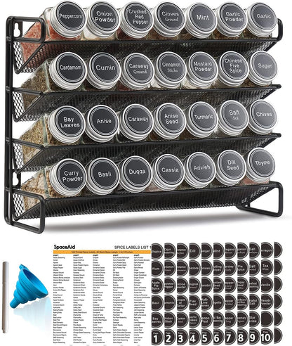 Spice Rack Organizer with 32 Spice Jars, 386 Spice Labels, Chalk Marker and Funnel Set for Cabinet, Countertop, Pantry, Cupboard or Door & Wall Mount - 32 Jars, 15.3" W × 10.8" H, Black