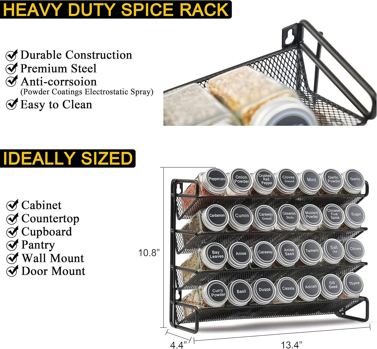 Spice Rack Organizer with 32 Spice Jars, 386 Spice Labels, Chalk Marker and Funnel Set for Cabinet, Countertop, Pantry, Cupboard or Door & Wall Mount - 32 Jars, 15.3" W × 10.8" H, Black