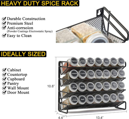 Spice Rack Organizer with 32 Spice Jars, 386 Spice Labels, Chalk Marker and Funnel Set for Cabinet, Countertop, Pantry, Cupboard or Door & Wall Mount - 32 Jars, 15.3" W × 10.8" H, Black