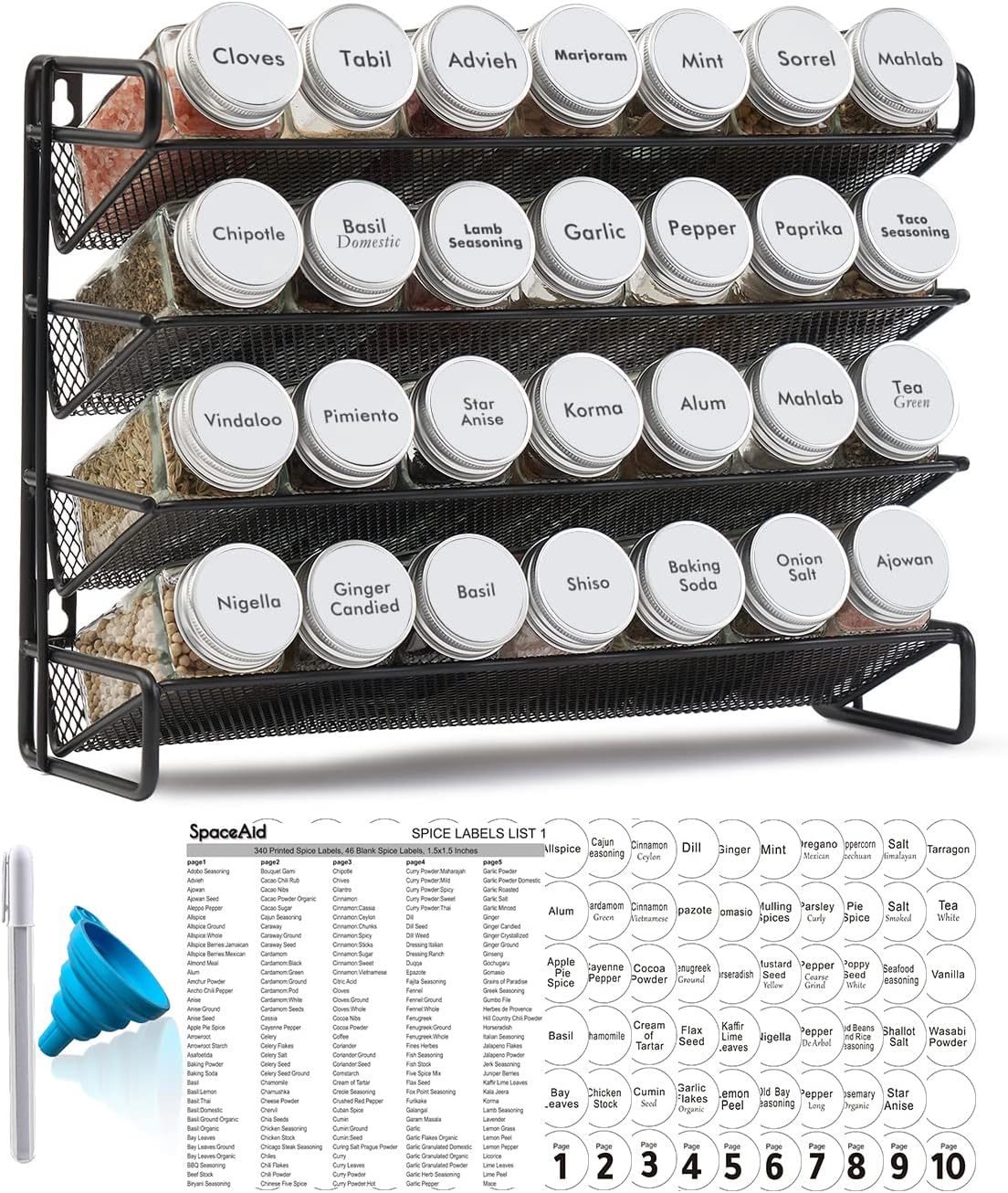 Spice Rack Organizer with 32 Spice Jars, 386 Spice Labels, Chalk Marker and Funnel Set for Cabinet, Countertop, Pantry, Cupboard or Door & Wall Mount - 32 Jars, 15.3" W × 10.8" H, Black
