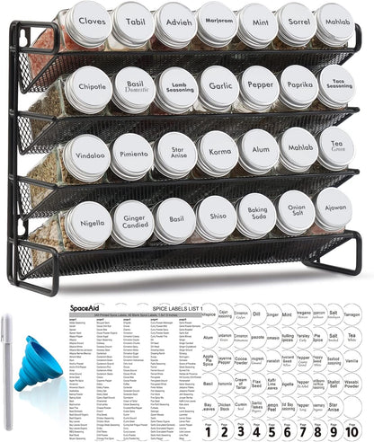 Spice Rack Organizer with 32 Spice Jars, 386 Spice Labels, Chalk Marker and Funnel Set for Cabinet, Countertop, Pantry, Cupboard or Door & Wall Mount - 32 Jars, 15.3" W × 10.8" H, Black