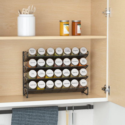 Spice Rack Organizer with 32 Spice Jars, 386 Spice Labels, Chalk Marker and Funnel Set for Cabinet, Countertop, Pantry, Cupboard or Door & Wall Mount - 32 Jars, 15.3" W × 10.8" H, Black