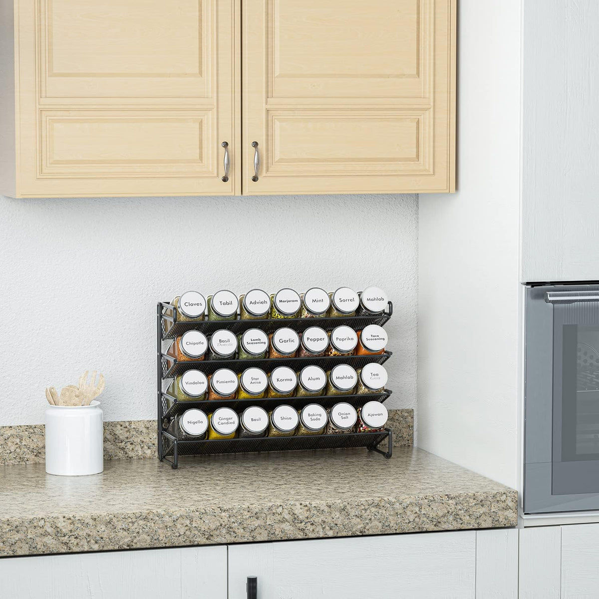 Spice Rack Organizer with 32 Spice Jars, 386 Spice Labels, Chalk Marker and Funnel Set for Cabinet, Countertop, Pantry, Cupboard or Door & Wall Mount - 32 Jars, 15.3" W × 10.8" H, Black