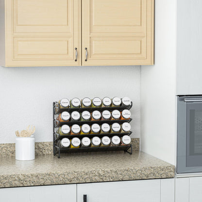 Spice Rack Organizer with 32 Spice Jars, 386 Spice Labels, Chalk Marker and Funnel Set for Cabinet, Countertop, Pantry, Cupboard or Door & Wall Mount - 32 Jars, 15.3" W × 10.8" H, Black