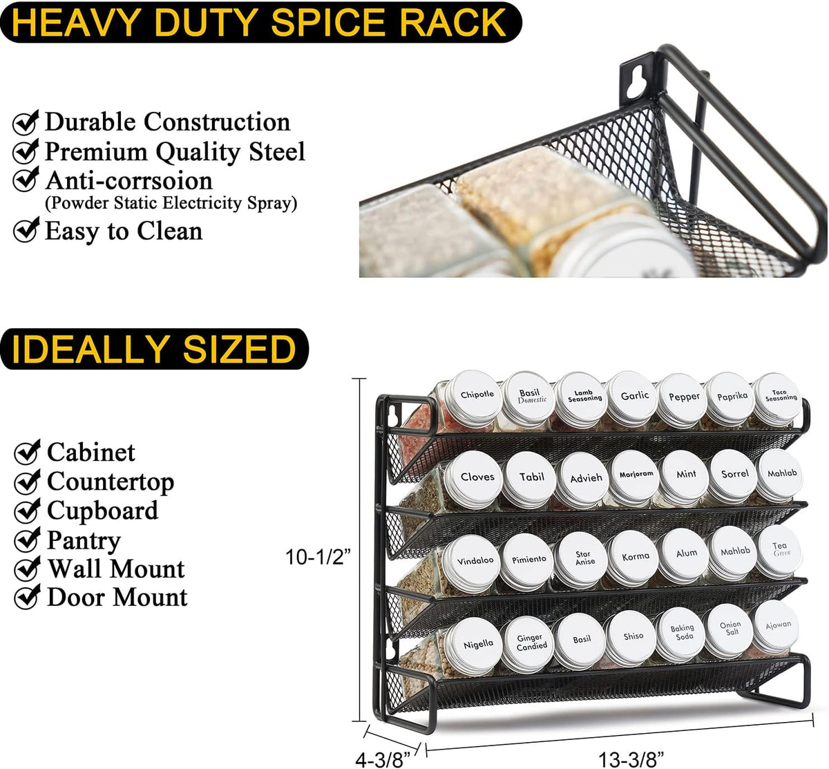 Spice Rack Organizer with 32 Spice Jars, 386 Spice Labels, Chalk Marker and Funnel Set for Cabinet, Countertop, Pantry, Cupboard or Door & Wall Mount - 32 Jars, 15.3" W × 10.8" H, Black