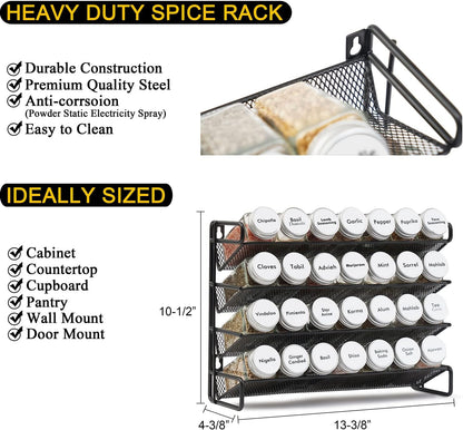 Spice Rack Organizer with 32 Spice Jars, 386 Spice Labels, Chalk Marker and Funnel Set for Cabinet, Countertop, Pantry, Cupboard or Door & Wall Mount - 32 Jars, 15.3" W × 10.8" H, Black