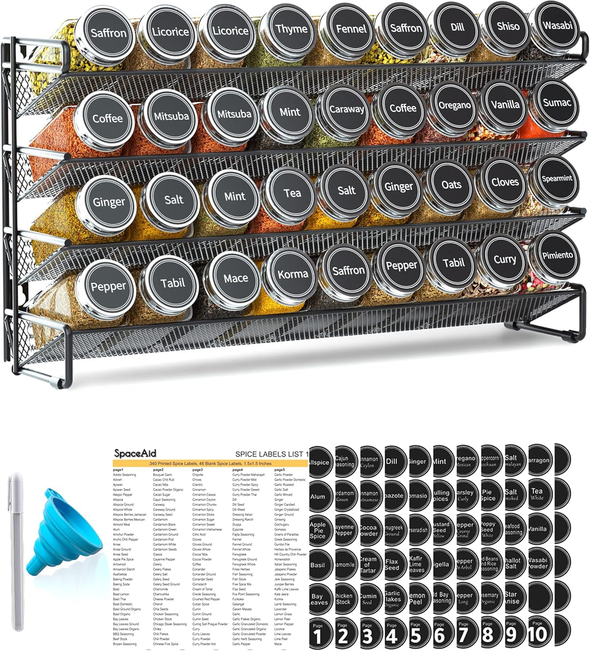 Spice Rack Organizer with 32 Spice Jars, 386 Spice Labels, Chalk Marker and Funnel Set for Cabinet, Countertop, Pantry, Cupboard or Door & Wall Mount - 32 Jars, 15.3" W × 10.8" H, Black