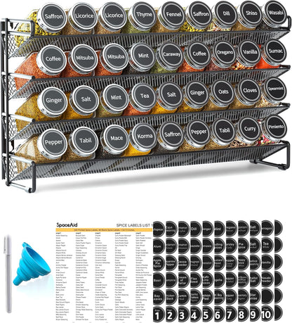 Spice Rack Organizer with 32 Spice Jars, 386 Spice Labels, Chalk Marker and Funnel Set for Cabinet, Countertop, Pantry, Cupboard or Door & Wall Mount - 32 Jars, 15.3" W × 10.8" H, Black