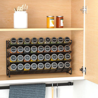 Spice Rack Organizer with 32 Spice Jars, 386 Spice Labels, Chalk Marker and Funnel Set for Cabinet, Countertop, Pantry, Cupboard or Door & Wall Mount - 32 Jars, 15.3" W × 10.8" H, Black