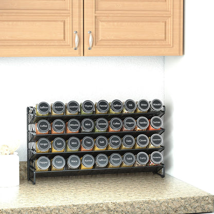 Spice Rack Organizer with 32 Spice Jars, 386 Spice Labels, Chalk Marker and Funnel Set for Cabinet, Countertop, Pantry, Cupboard or Door & Wall Mount - 32 Jars, 15.3" W × 10.8" H, Black