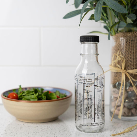 Fox Run Glass Salad Dressing Shaker Bottle With Lid, 300 ml/10.15 oz | Salad Dressing Bottle With Measurements and Recipes | Make Your Own Salad Dessings At Home | Leak Proof Lid For Easy Shaking