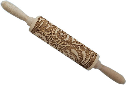 14.9" Paisley Engraved Embossed Rolling Pin | Christmas Snowflake Flower Pattern, Wooden, Laser Engraved 3D, For Cookie Dough Crusts Pies Pastry
