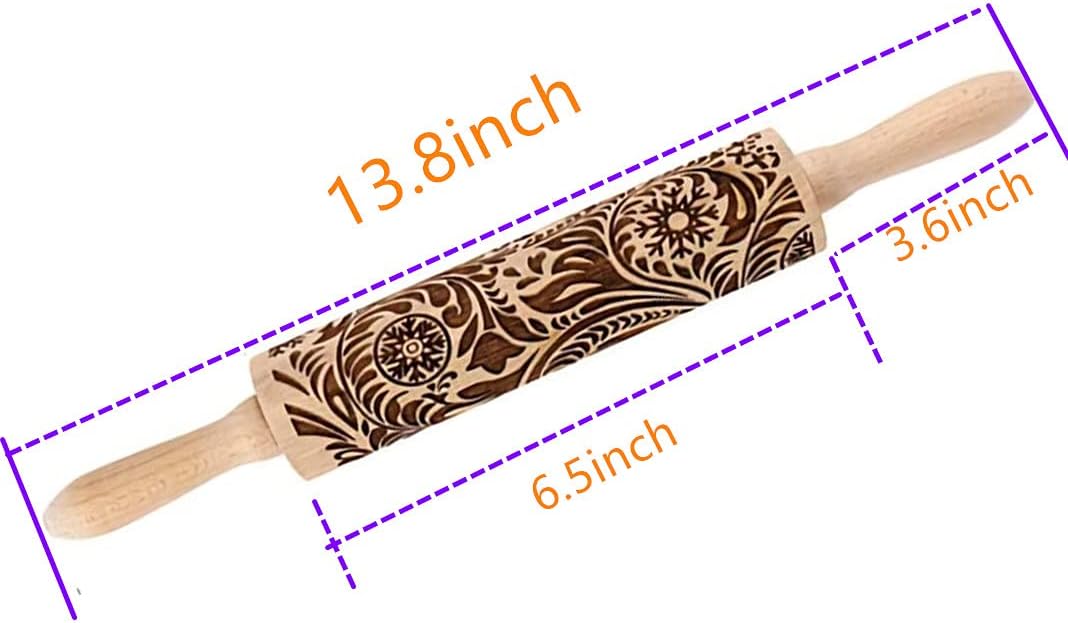 14.9" Paisley Engraved Embossed Rolling Pin | Christmas Snowflake Flower Pattern, Wooden, Laser Engraved 3D, For Cookie Dough Crusts Pies Pastry