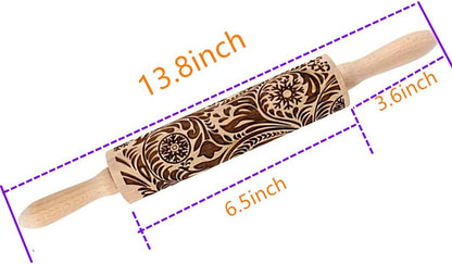 14.9" Paisley Engraved Embossed Rolling Pin | Christmas Snowflake Flower Pattern, Wooden, Laser Engraved 3D, For Cookie Dough Crusts Pies Pastry