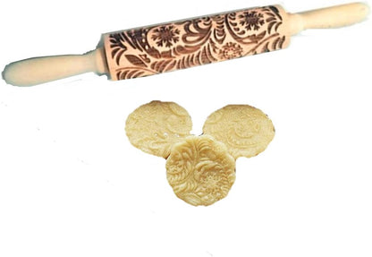 14.9" Paisley Engraved Embossed Rolling Pin | Christmas Snowflake Flower Pattern, Wooden, Laser Engraved 3D, For Cookie Dough Crusts Pies Pastry