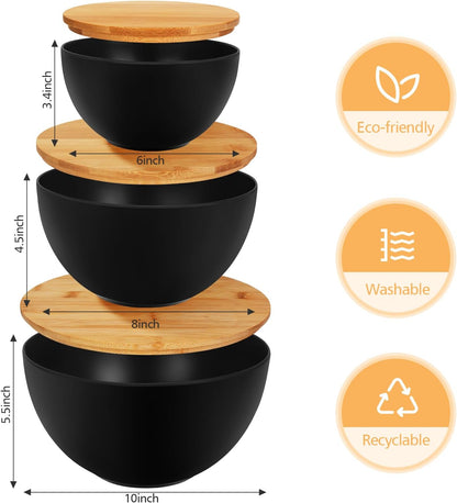 Salad Bowl Set of 3, Natural Bamboo Fiber Salad Serving Bowls with Lids,Mixing Bowl for Preparing and Serving Salad, Cereal, Fruit, Veggies, Popcorn,Chips & Bread(10",8",6")