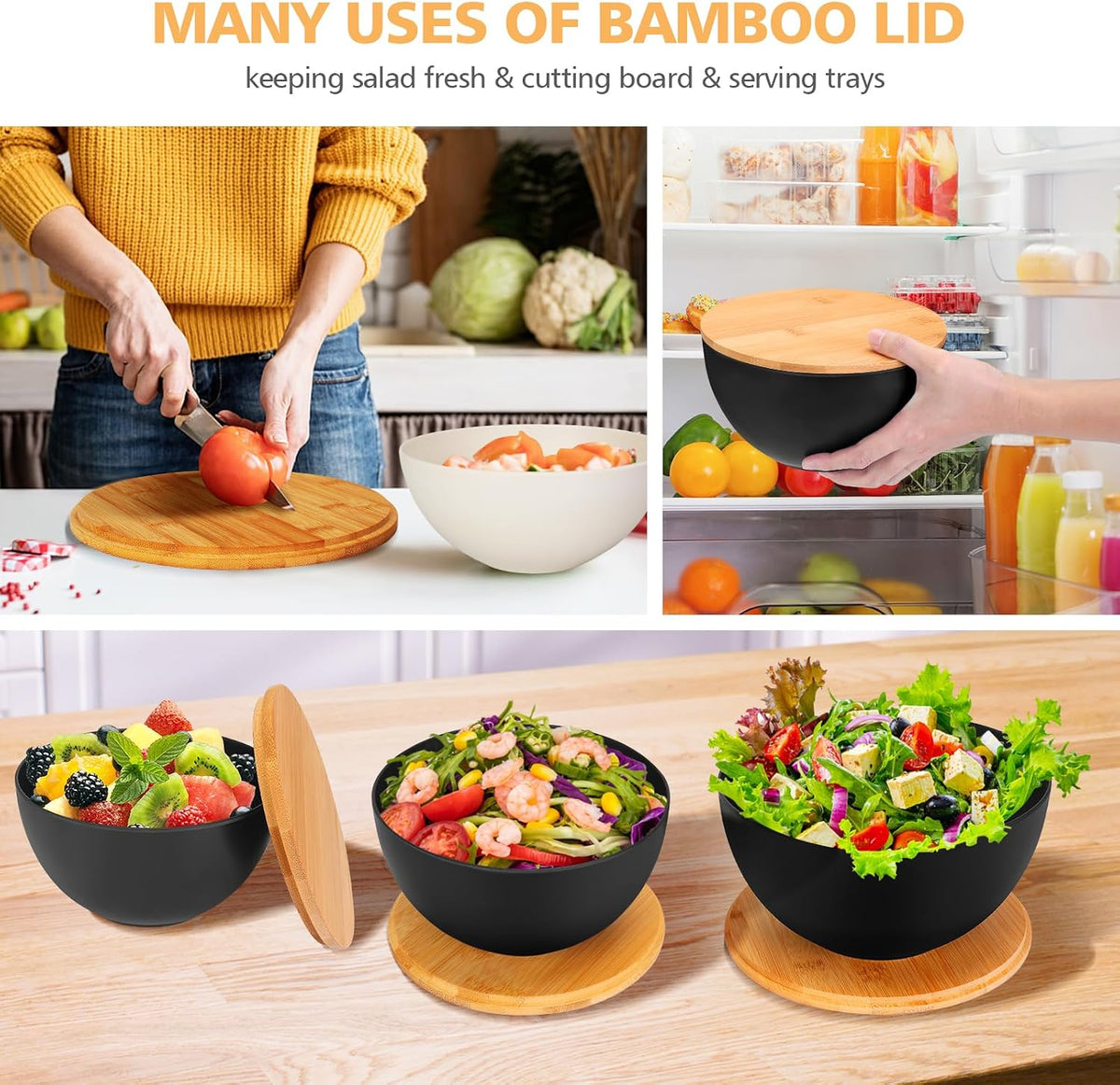 Salad Bowl Set of 3, Natural Bamboo Fiber Salad Serving Bowls with Lids,Mixing Bowl for Preparing and Serving Salad, Cereal, Fruit, Veggies, Popcorn,Chips & Bread(10",8",6")