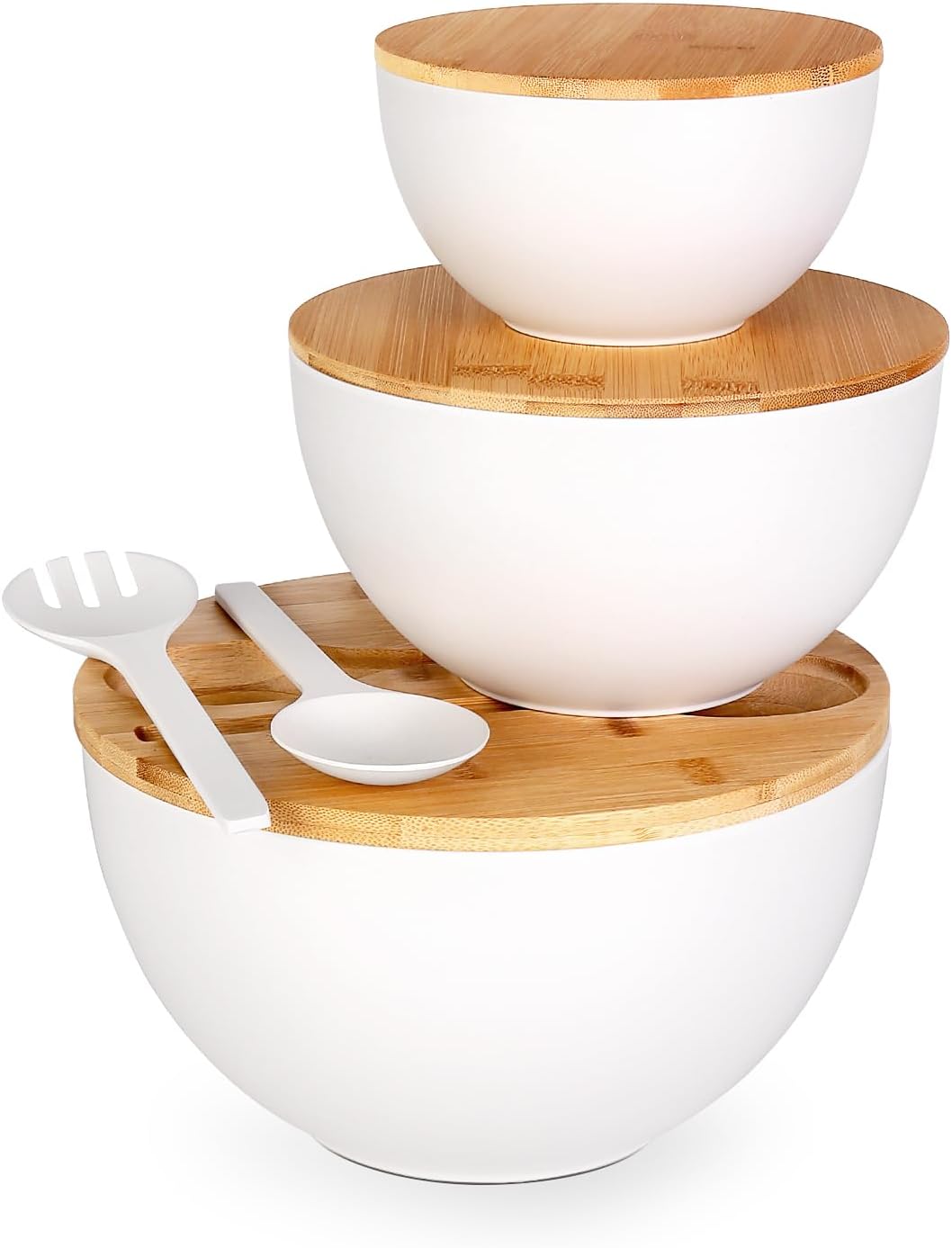 Salad Bowl Set of 3, Natural Bamboo Fiber Salad Serving Bowls with Lids,Mixing Bowl for Preparing and Serving Salad, Cereal, Fruit, Veggies, Popcorn,Chips & Bread(10",8",6")