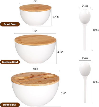 Salad Bowl Set of 3, Natural Bamboo Fiber Salad Serving Bowls with Lids,Mixing Bowl for Preparing and Serving Salad, Cereal, Fruit, Veggies, Popcorn,Chips & Bread(10",8",6")