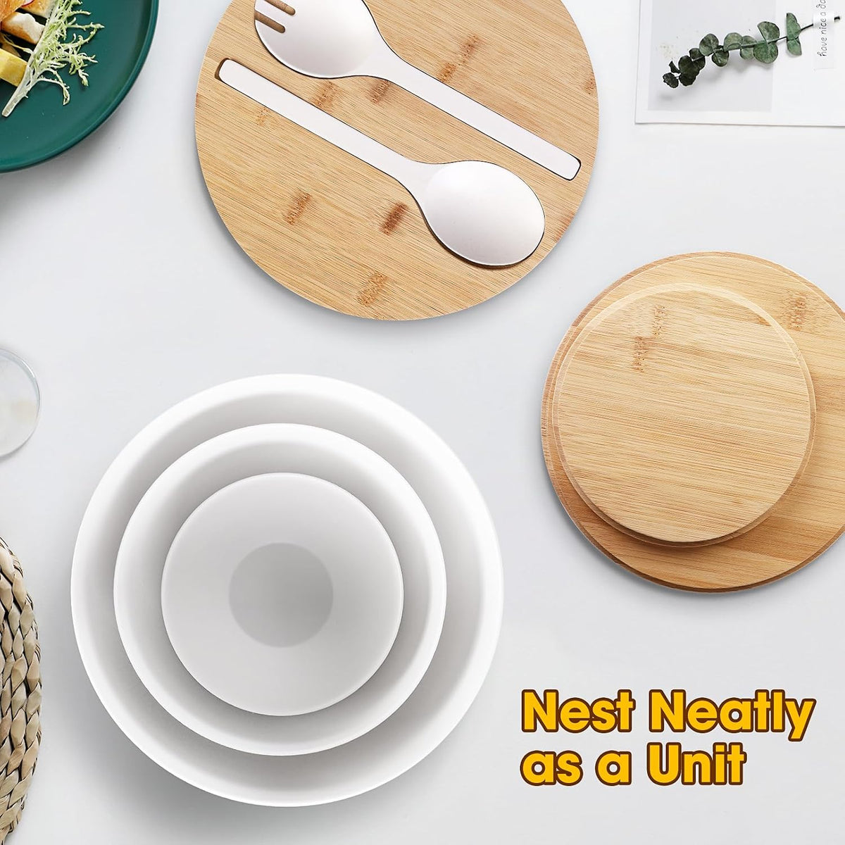 Salad Bowl Set of 3, Natural Bamboo Fiber Salad Serving Bowls with Lids,Mixing Bowl for Preparing and Serving Salad, Cereal, Fruit, Veggies, Popcorn,Chips & Bread(10",8",6")