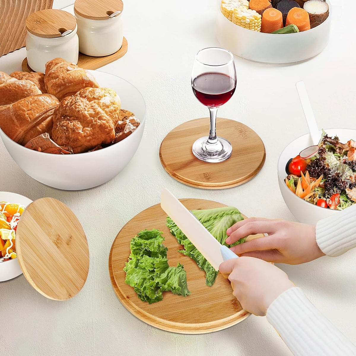 Salad Bowl Set of 3, Natural Bamboo Fiber Salad Serving Bowls with Lids,Mixing Bowl for Preparing and Serving Salad, Cereal, Fruit, Veggies, Popcorn,Chips & Bread(10",8",6")