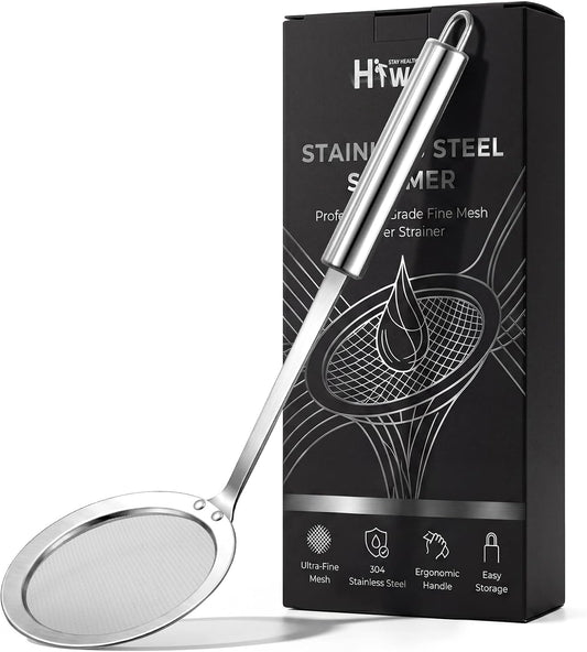 Stainless Steel Fat Skimmer Spoon - Fine Mesh Food Strainer for Grease, Gravy and Foam, Japanese Hot Pot Skimmer with Long Handle