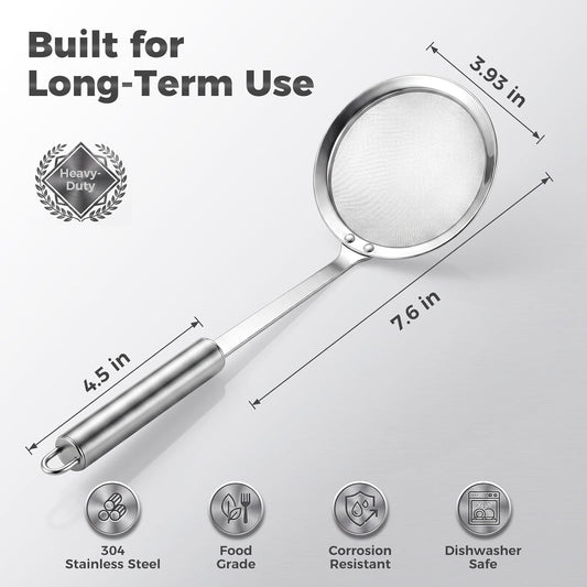 Stainless Steel Fat Skimmer Spoon - Fine Mesh Food Strainer for Grease, Gravy and Foam, Japanese Hot Pot Skimmer with Long Handle