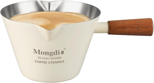 Espresso Measuring Cup, Stainless Steel Espresso Shot Cups with Wooden Handle and Double Spouts, 6.8OZ/200ML, White