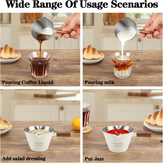 Espresso Measuring Cup, Stainless Steel Espresso Shot Cups with Wooden Handle and Double Spouts, 6.8OZ/200ML, White