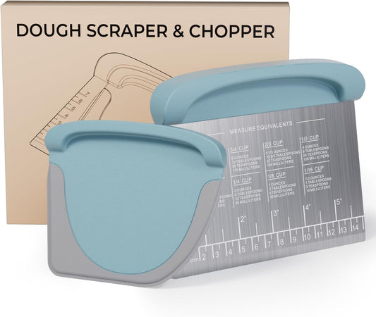 2 IN 1 Upgrade Bench Scraper, Dough Scraper, Stainless Steeel with Scale | Dough Cutter,Bowl/Food Scraper for Kitchen Baking,With Conversion Chart,for Pastry Bread,Pizza,Cookies,Cake,Blue
