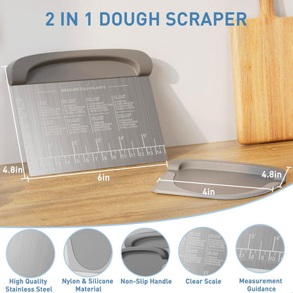 2 IN 1 Upgrade Bench Scraper, Dough Scraper, Stainless Steeel with Scale | Dough Cutter,Bowl/Food Scraper for Kitchen Baking,With Conversion Chart,for Pastry Bread,Pizza,Cookies,Cake,Blue