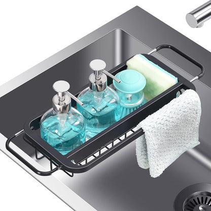 Expandable Sink Caddy with Dish Towel Bar, Adjustable Over-The-Sink Organizer for Kitchen, Rustproof Sponge Holder and Drying Rack