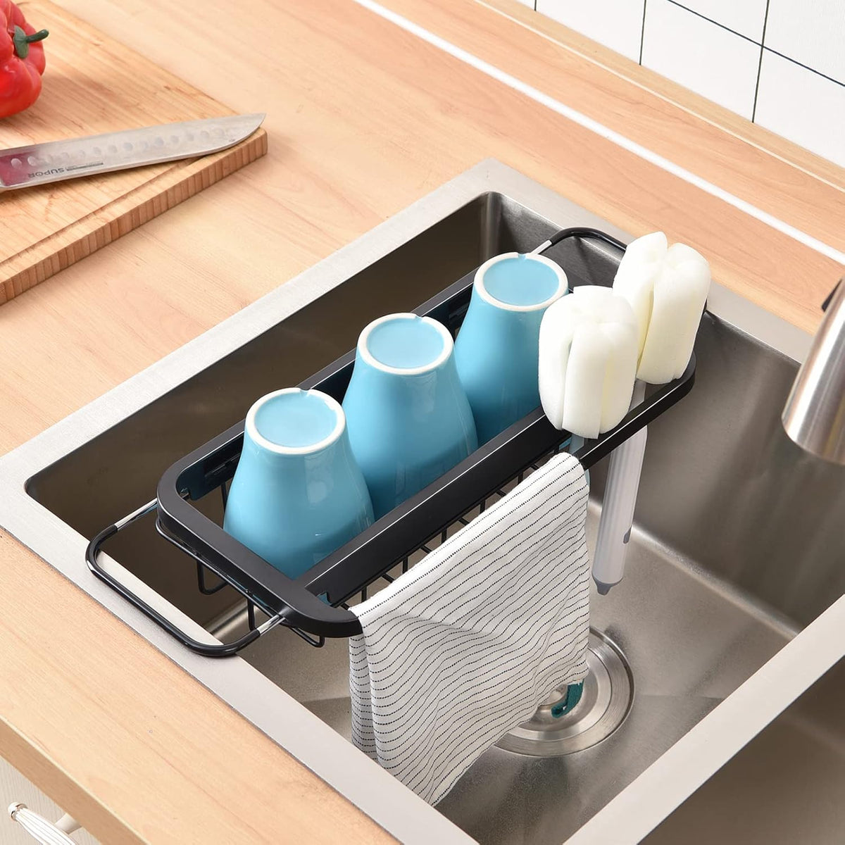 Expandable Sink Caddy with Dish Towel Bar, Adjustable Over-The-Sink Organizer for Kitchen, Rustproof Sponge Holder and Drying Rack