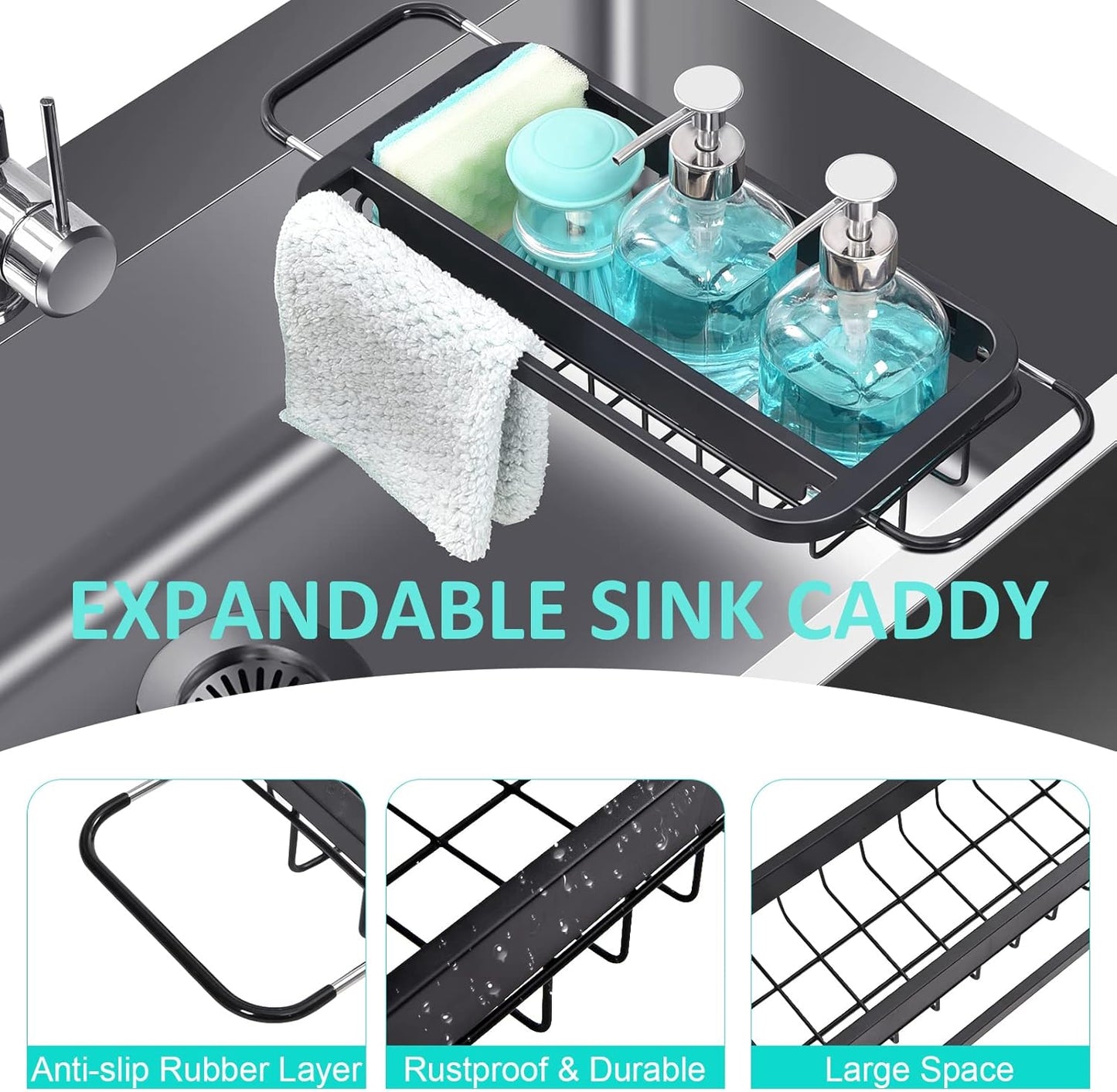 Expandable Sink Caddy with Dish Towel Bar, Adjustable Over-The-Sink Organizer for Kitchen, Rustproof Sponge Holder and Drying Rack