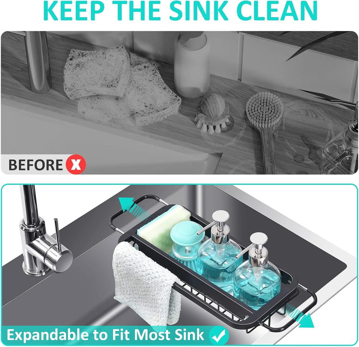 Expandable Sink Caddy with Dish Towel Bar, Adjustable Over-The-Sink Organizer for Kitchen, Rustproof Sponge Holder and Drying Rack
