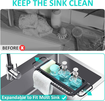 Expandable Sink Caddy with Dish Towel Bar, Adjustable Over-The-Sink Organizer for Kitchen, Rustproof Sponge Holder and Drying Rack