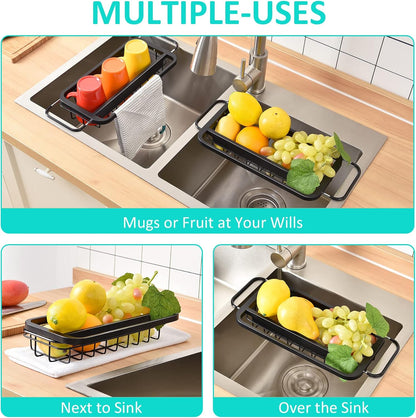 Expandable Sink Caddy with Dish Towel Bar, Adjustable Over-The-Sink Organizer for Kitchen, Rustproof Sponge Holder and Drying Rack