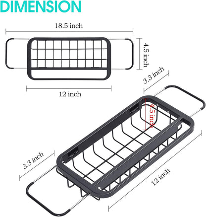 Expandable Sink Caddy with Dish Towel Bar, Adjustable Over-The-Sink Organizer for Kitchen, Rustproof Sponge Holder and Drying Rack
