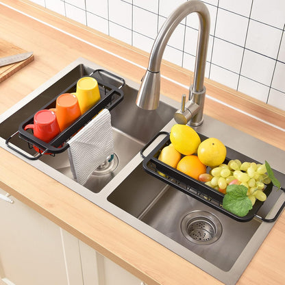 Expandable Sink Caddy with Dish Towel Bar, Adjustable Over-The-Sink Organizer for Kitchen, Rustproof Sponge Holder and Drying Rack