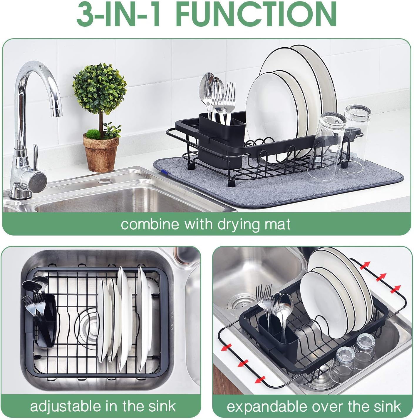 Expandable Sink Caddy with Dish Towel Bar, Adjustable Over-The-Sink Organizer for Kitchen, Rustproof Sponge Holder and Drying Rack