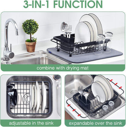 Expandable Sink Caddy with Dish Towel Bar, Adjustable Over-The-Sink Organizer for Kitchen, Rustproof Sponge Holder and Drying Rack