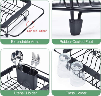 Expandable Sink Caddy with Dish Towel Bar, Adjustable Over-The-Sink Organizer for Kitchen, Rustproof Sponge Holder and Drying Rack