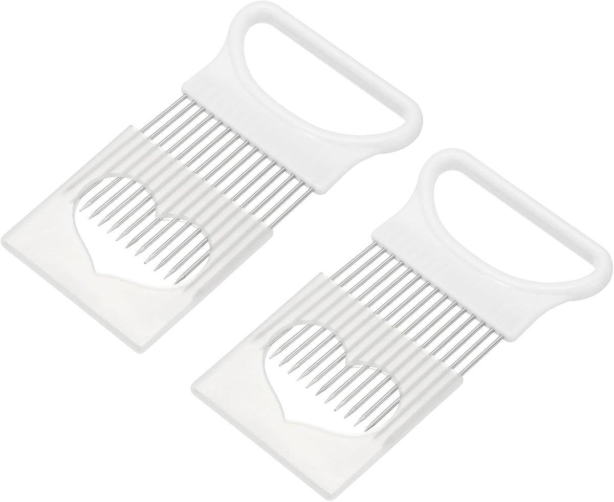 2 Pcs Onion Slicer Holder, 4.3 x 3.1 Inch Stainless Steel Vegetable Cutting Holder Food Cutter Tool for Slicing Storing Onions Tomatoes Potatoes Avocados Apples, White