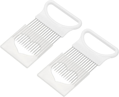 2 Pcs Onion Slicer Holder, 4.3 x 3.1 Inch Stainless Steel Vegetable Cutting Holder Food Cutter Tool for Slicing Storing Onions Tomatoes Potatoes Avocados Apples, White