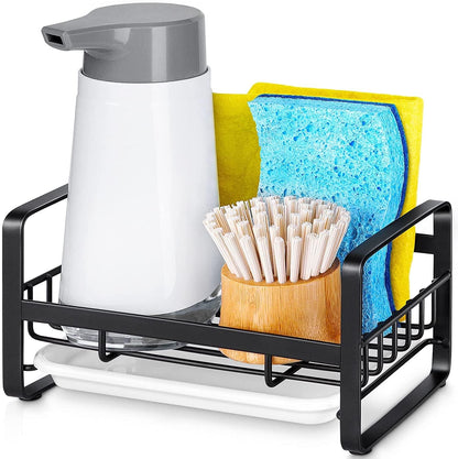 Kitchen Sink Sponge Holder, 304 Stainless Steel Kitchen Soap Dispenser Caddy Organizer, Countertop Soap Dish Rack Drainer with Removable Drain Tray, not Including Dispenser and Brush