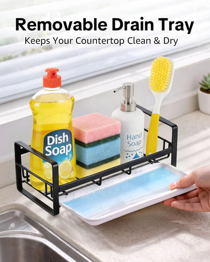 Kitchen Sink Sponge Holder, 304 Stainless Steel Kitchen Soap Dispenser Caddy Organizer, Countertop Soap Dish Rack Drainer with Removable Drain Tray, not Including Dispenser and Brush